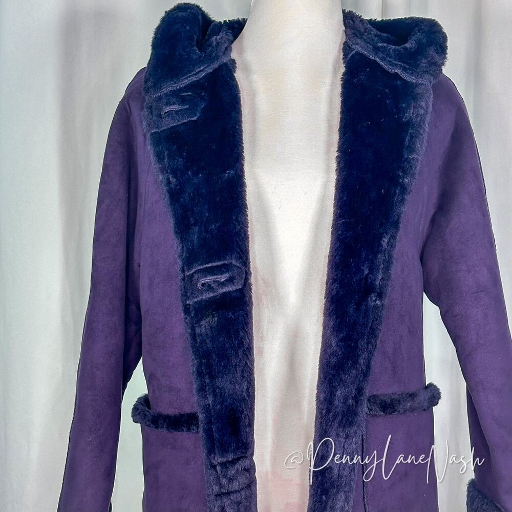 Larry Levine Sport Suede Faux Lined Hooded Pea Coat Purple - Picture 3 of 12